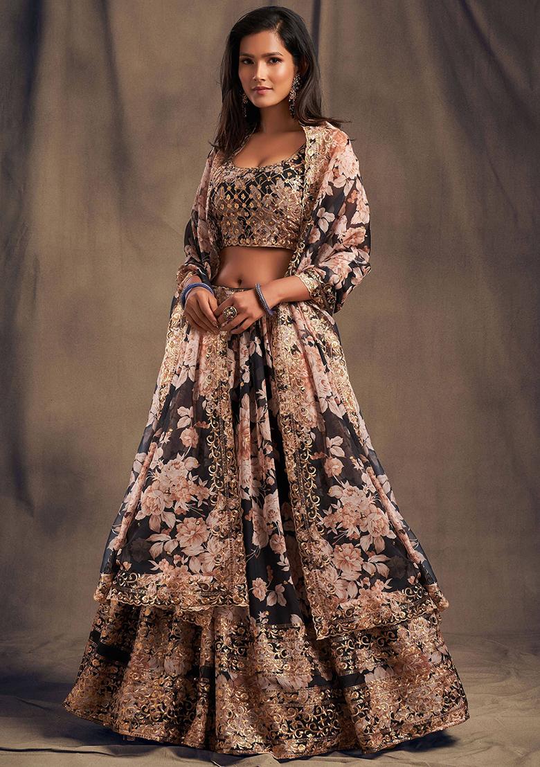 Black Floral Print Organza Lehenga Set