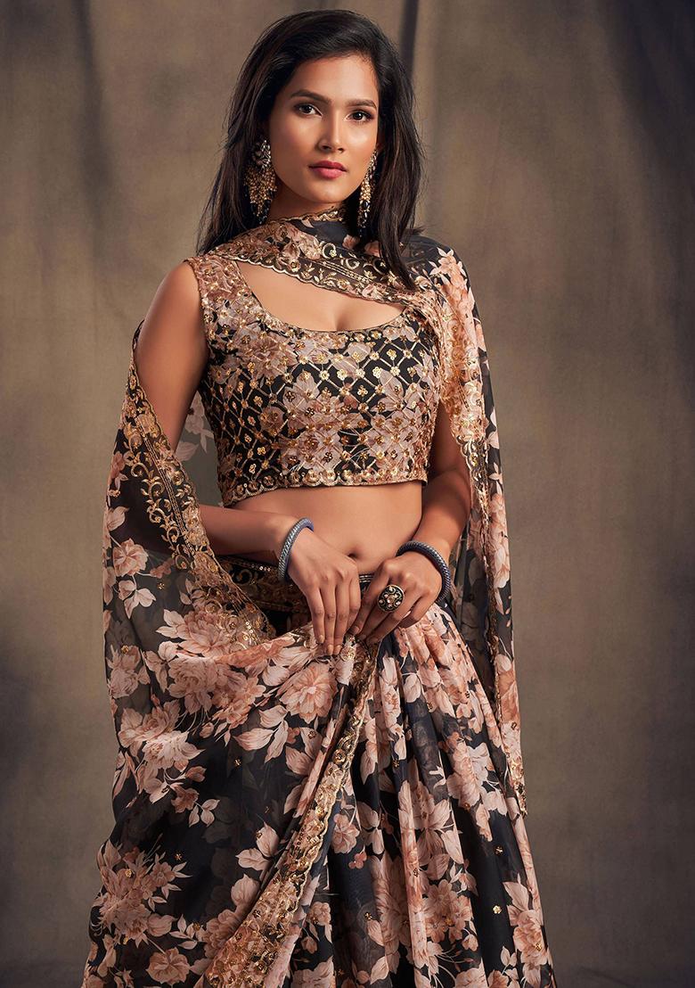 Black Floral Print Organza Lehenga Set