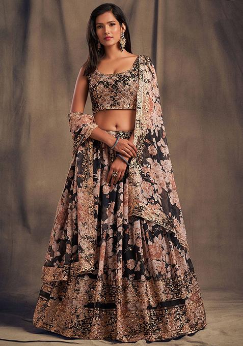 Black Floral Print Organza Lehenga Set