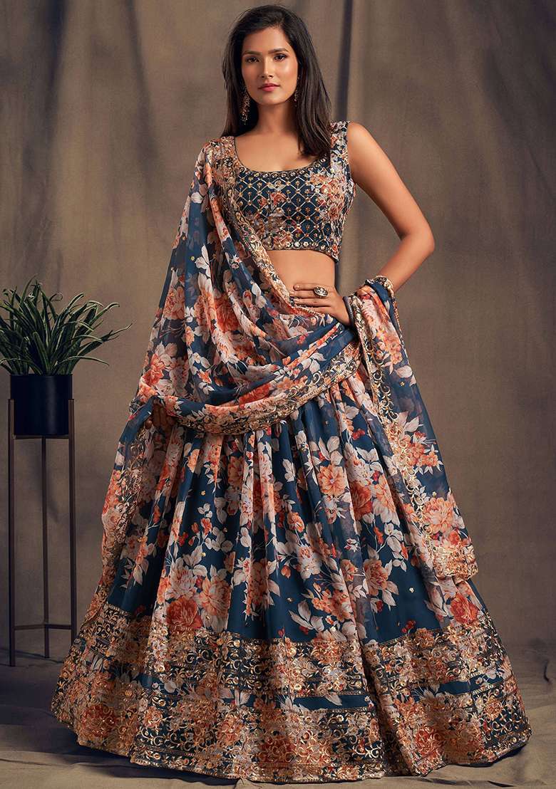 Blue Floral Print Organza Lehenga Set for Diwali and Festive Wear - Indya