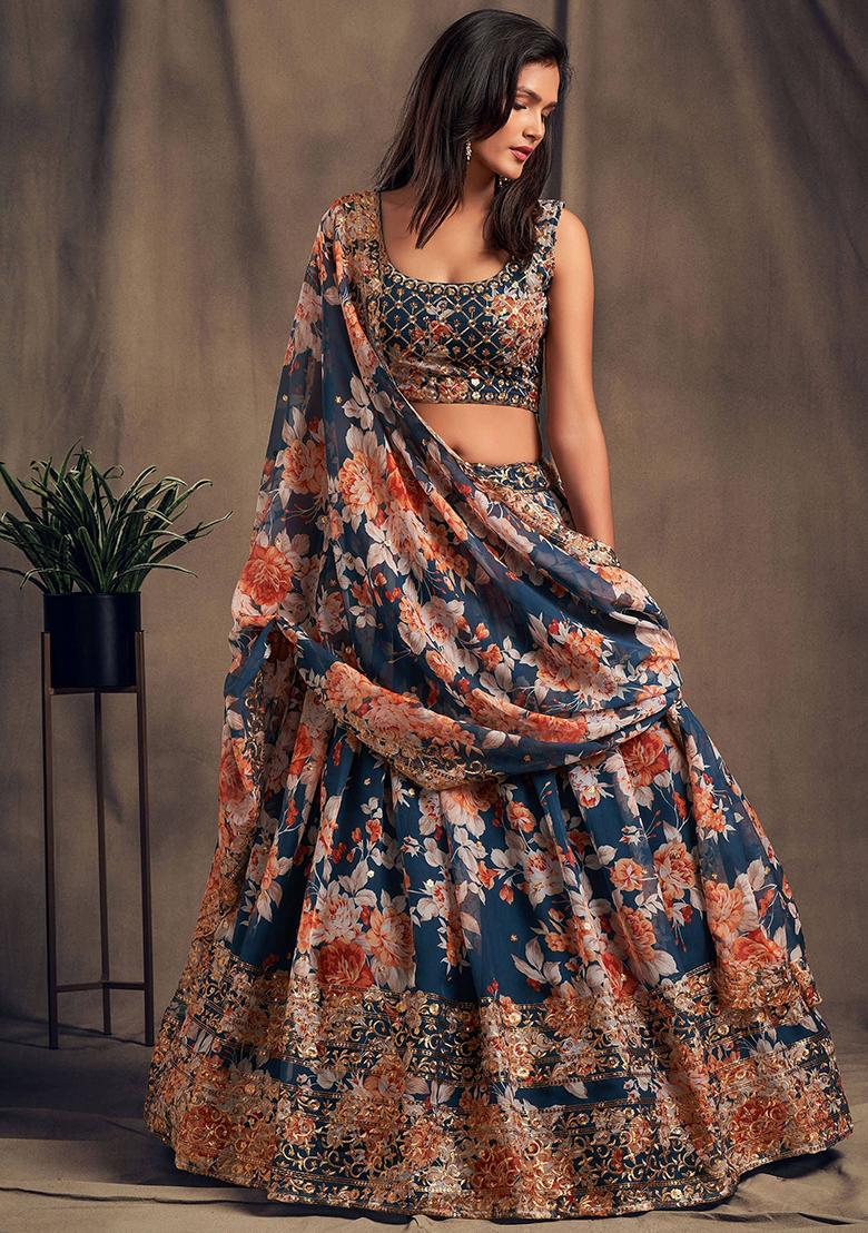 Blue Floral Print Organza Lehenga Set