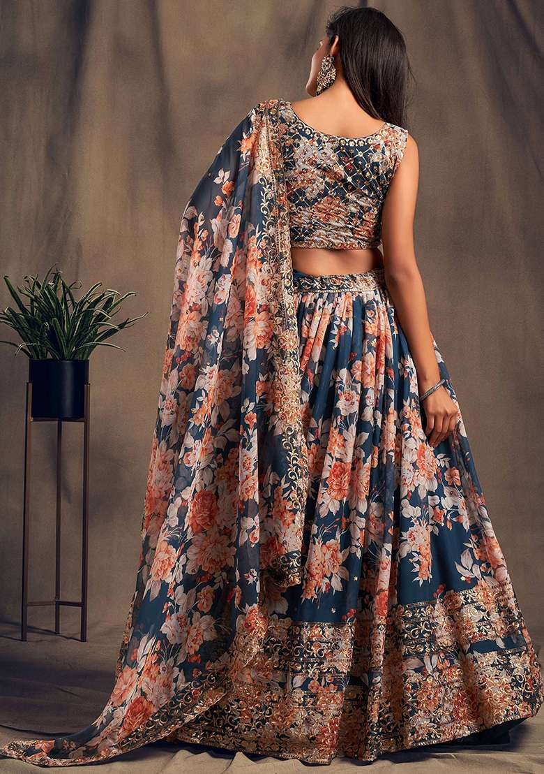 Blue Floral Print Organza Lehenga Set for Diwali and Festive Wear - Indya