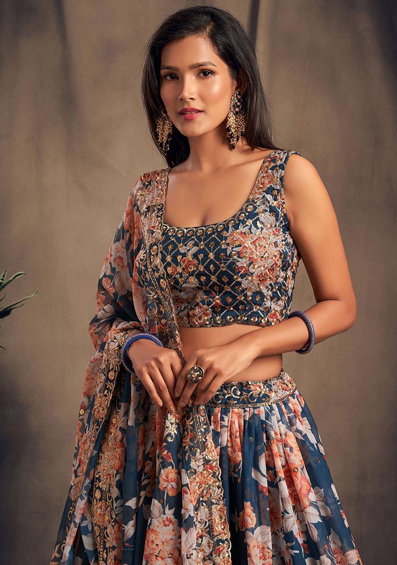 Blue Floral Print Organza Lehenga Set