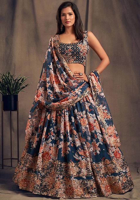 Blue Floral Print Organza Lehenga Set