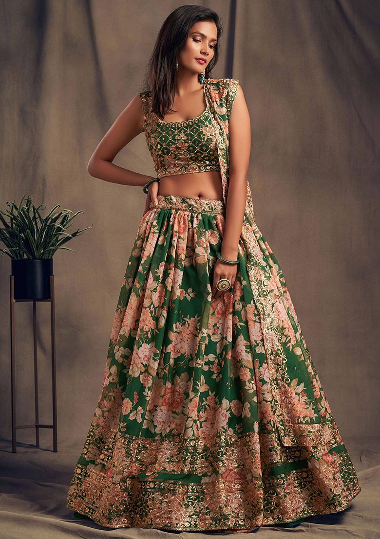 Green Floral Print Organza Lehenga Set
