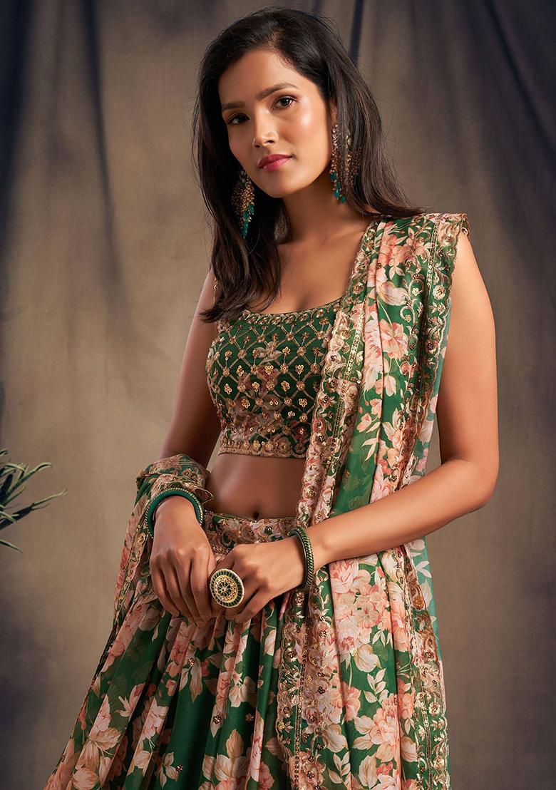 Green Floral Print Organza Lehenga Set