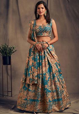 Blue Floral Print Organza Lehenga Set