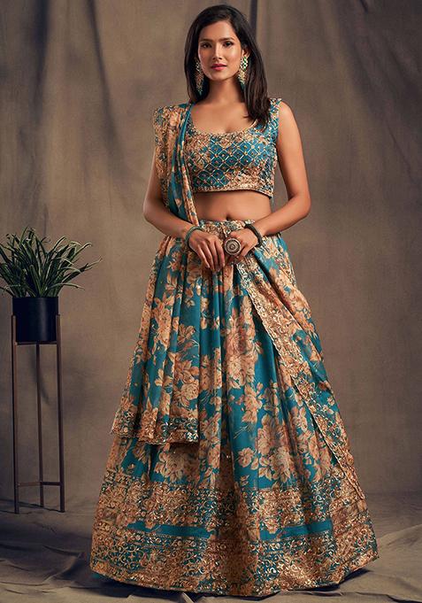 Blue Floral Print Organza Lehenga Set