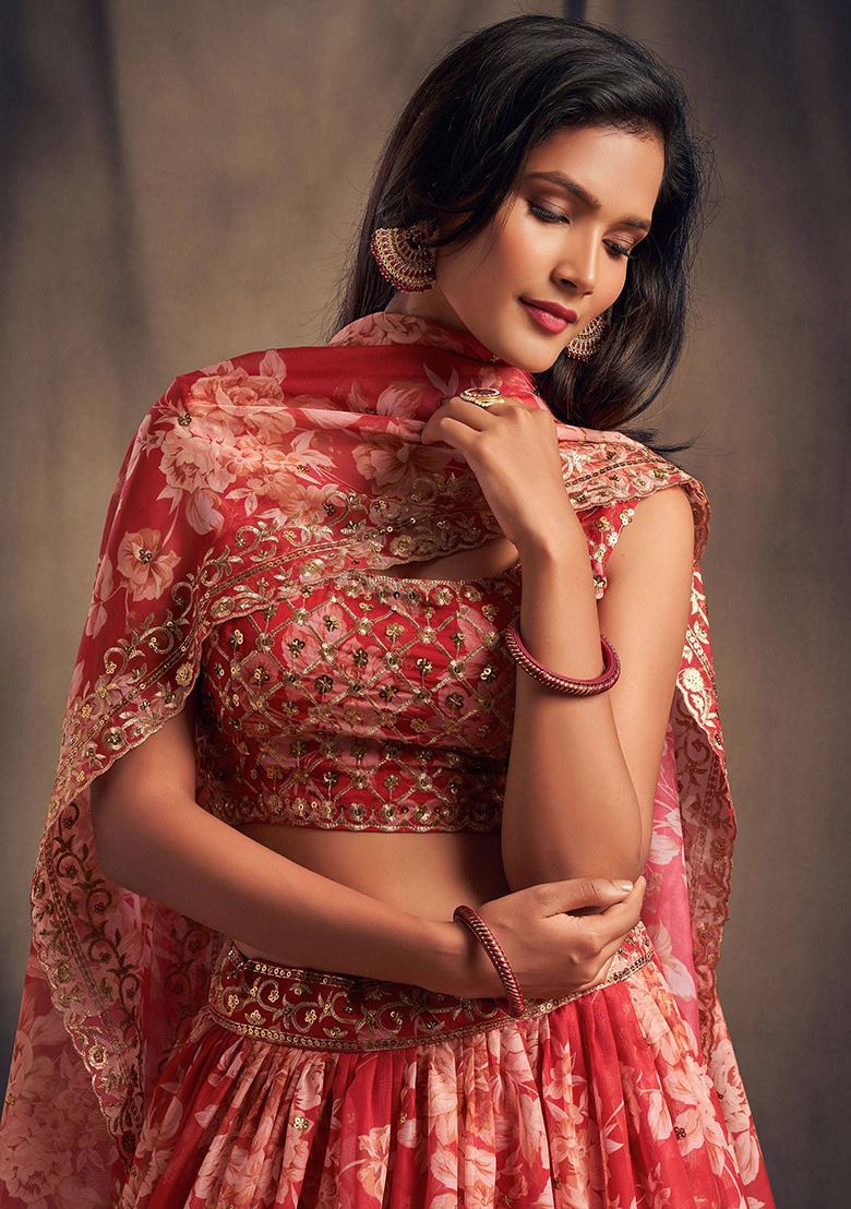 Red Floral Print Organza Lehenga Set