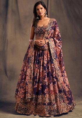 Purple Floral Print Organza Lehenga Set