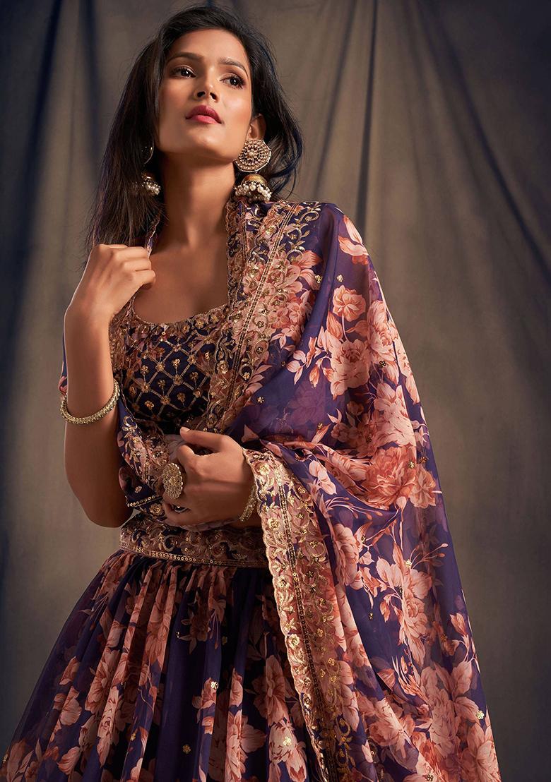 Purple Floral Print Organza Lehenga Set