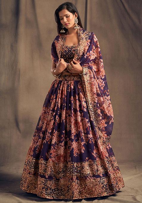Orange Floral Ruffle Organza Festive Lehenga for Girls