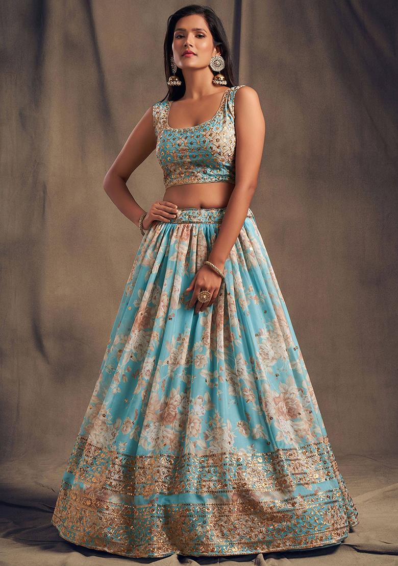 Sky Blue Floral Print Organza Lehenga Set