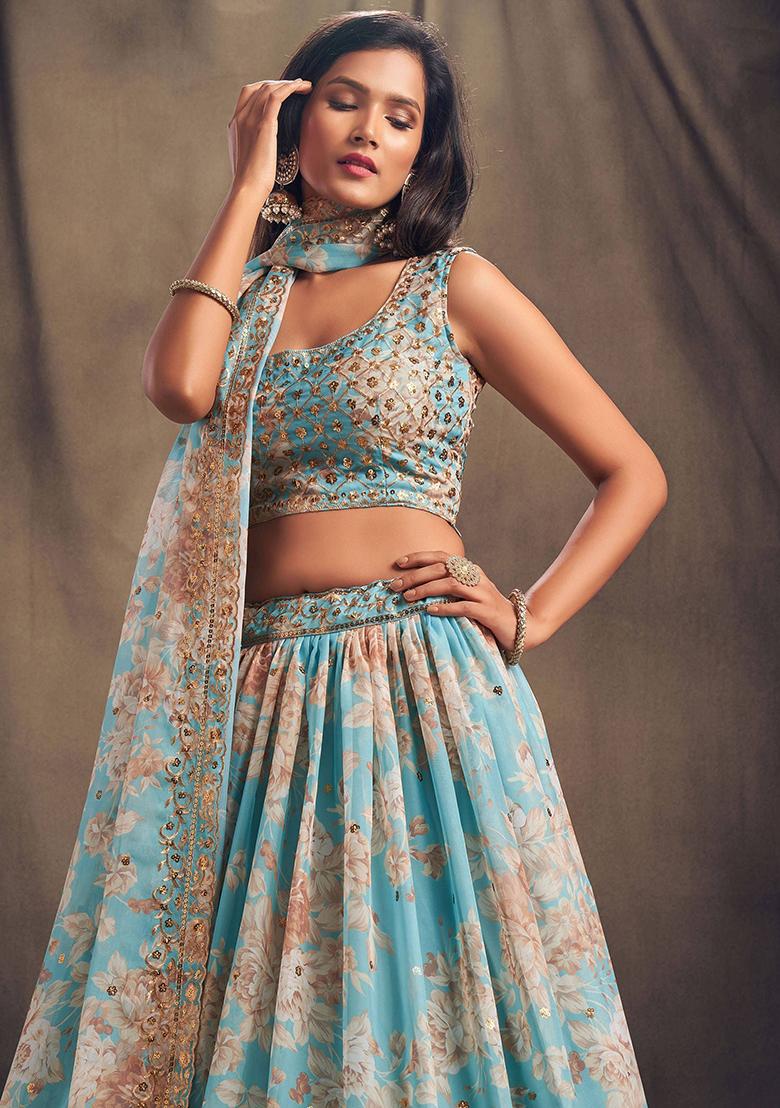 Sky Blue Floral Print Organza Lehenga Set