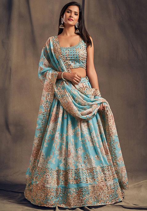 Sky Blue Floral Print Organza Lehenga Set