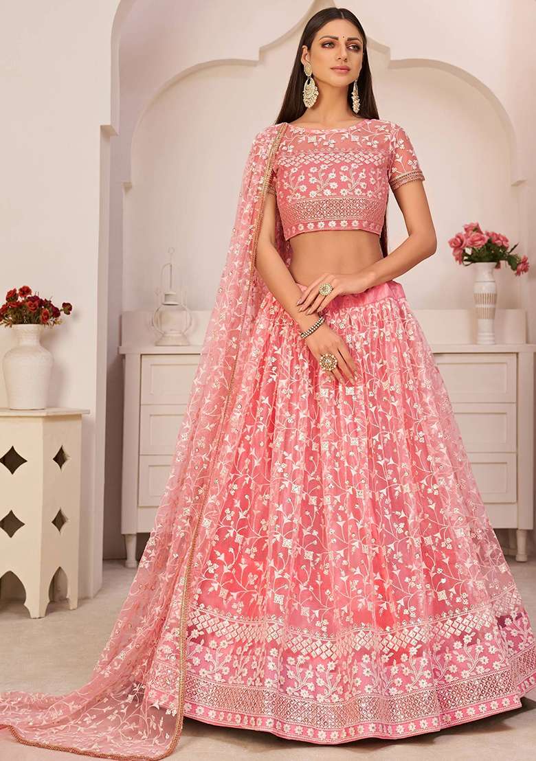 Pink Net Lehenga Set with Embroidered for Diwali | Wedding & Festive Wear - Indya