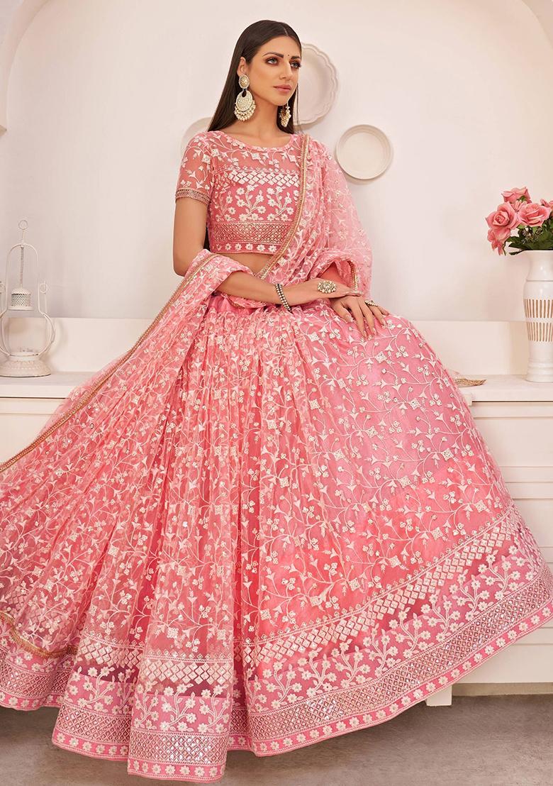 Pink Embroidered Net Lehenga Set