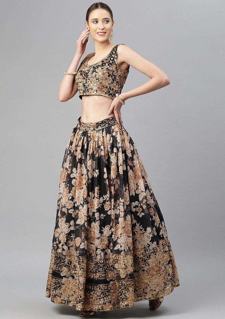 Black Sequin Embroidered Poly Blend Lehenga Set