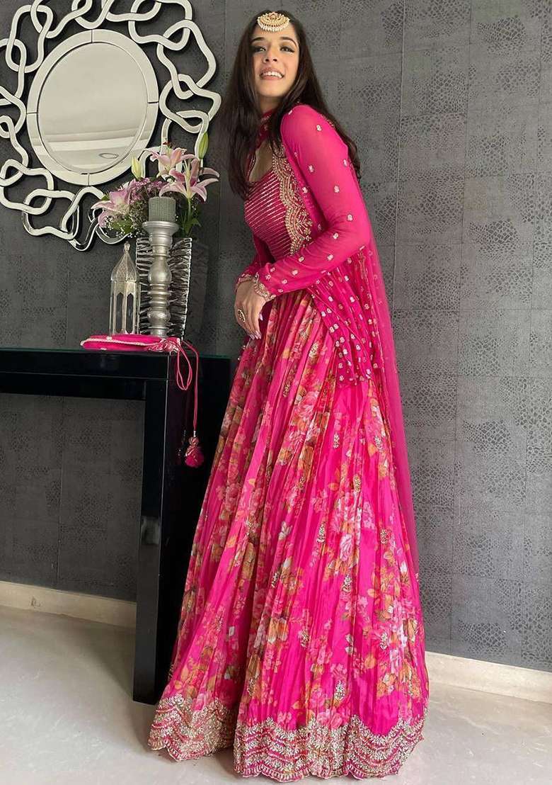 Pink Georgette Lehenga Set with Printed for Diwali | Wedding & Festive Wear - Indya