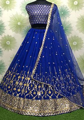 Blue Embroidered Georgette Lehenga Set