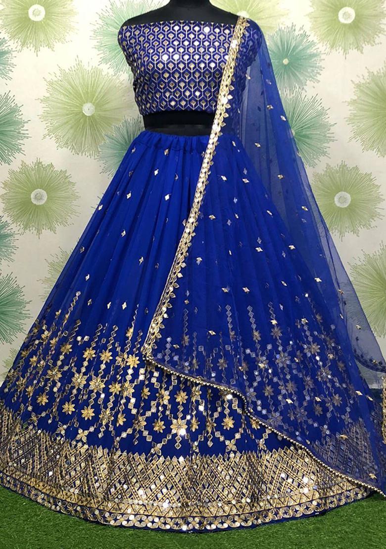 Blue Embroidered Georgette Lehenga Set