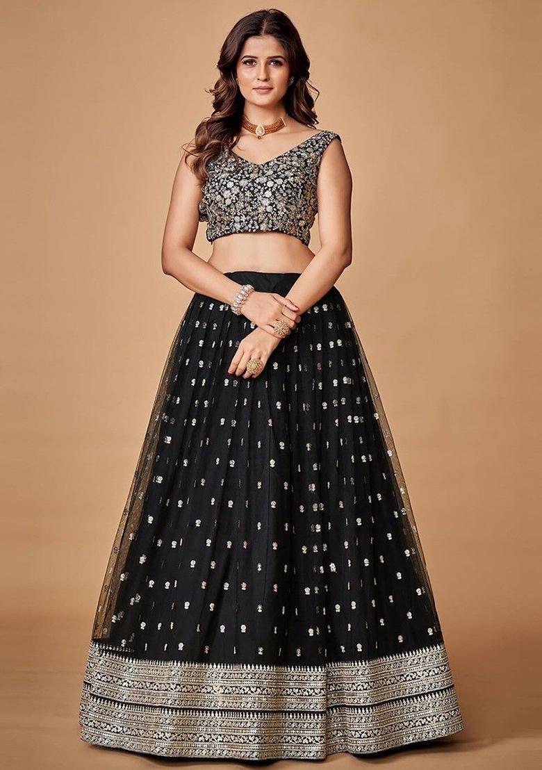 Black Embroidered Net Lehenga Set