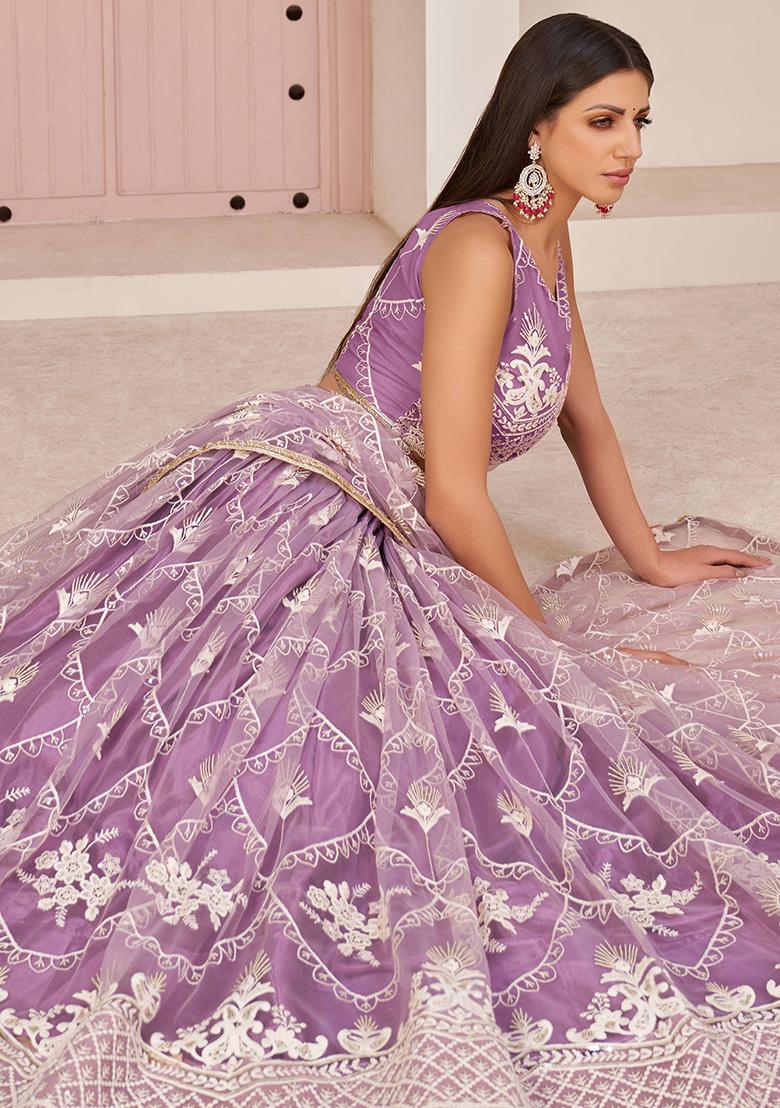 Purple Embroidered Net Lehenga Set