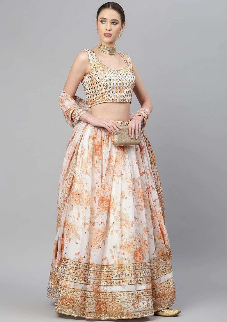 Off White Poly Blend Lehenga Set with Embroidered & Sequin for Diwali | Wedding & Festive Wear - Indya