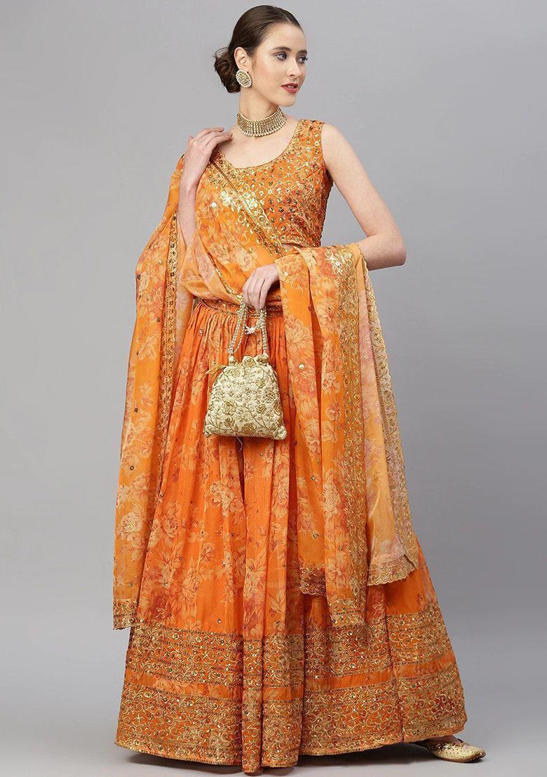 Orange Sequin Embroidered Poly Blend Lehenga Set