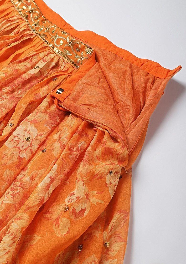 Orange Sequin Embroidered Poly Blend Lehenga Set