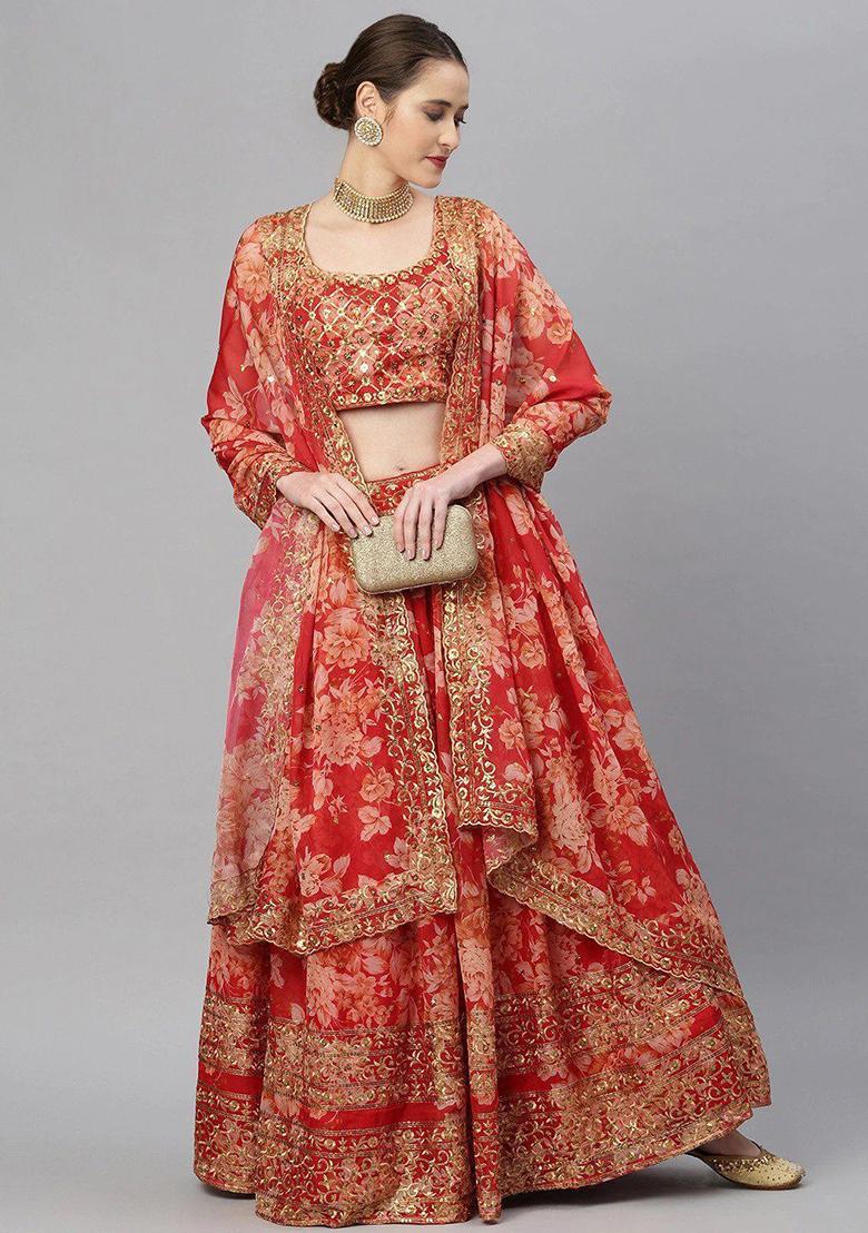 Red Sequin Embroidered Poly Blend Lehenga Set