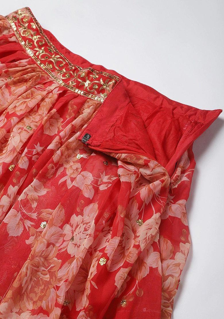 Red Sequin Embroidered Poly Blend Lehenga Set