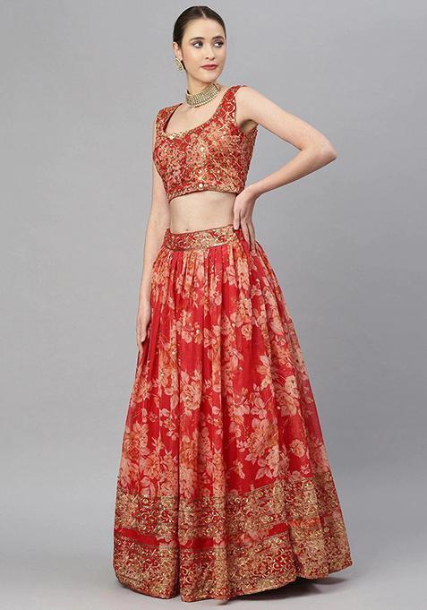 Red Sequin Embroidered Poly Blend Lehenga Set