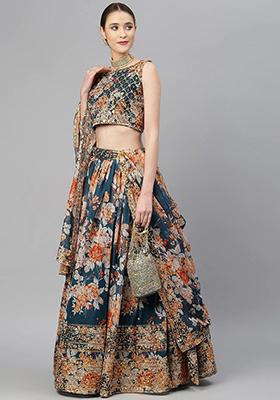 Blue Sequin Embroidered Poly Blend Lehenga Set