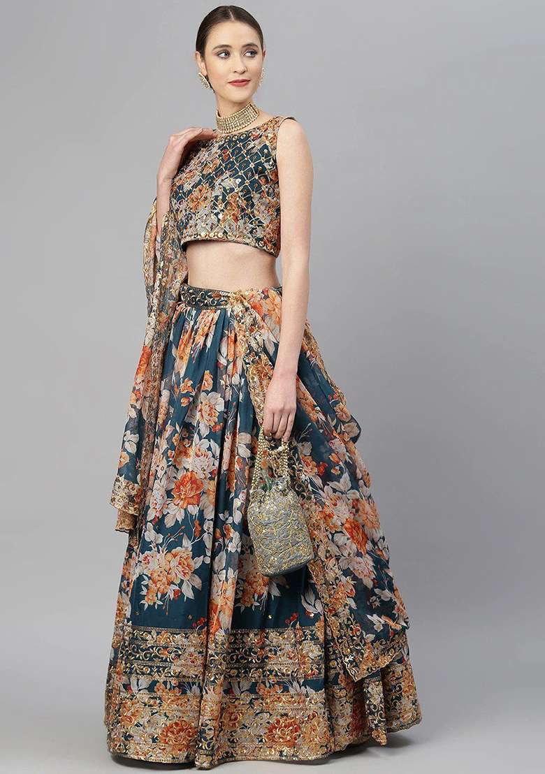 Blue Poly Blend Lehenga Set with Embroidered & Sequin for Diwali | Wedding & Festive Wear - Indya