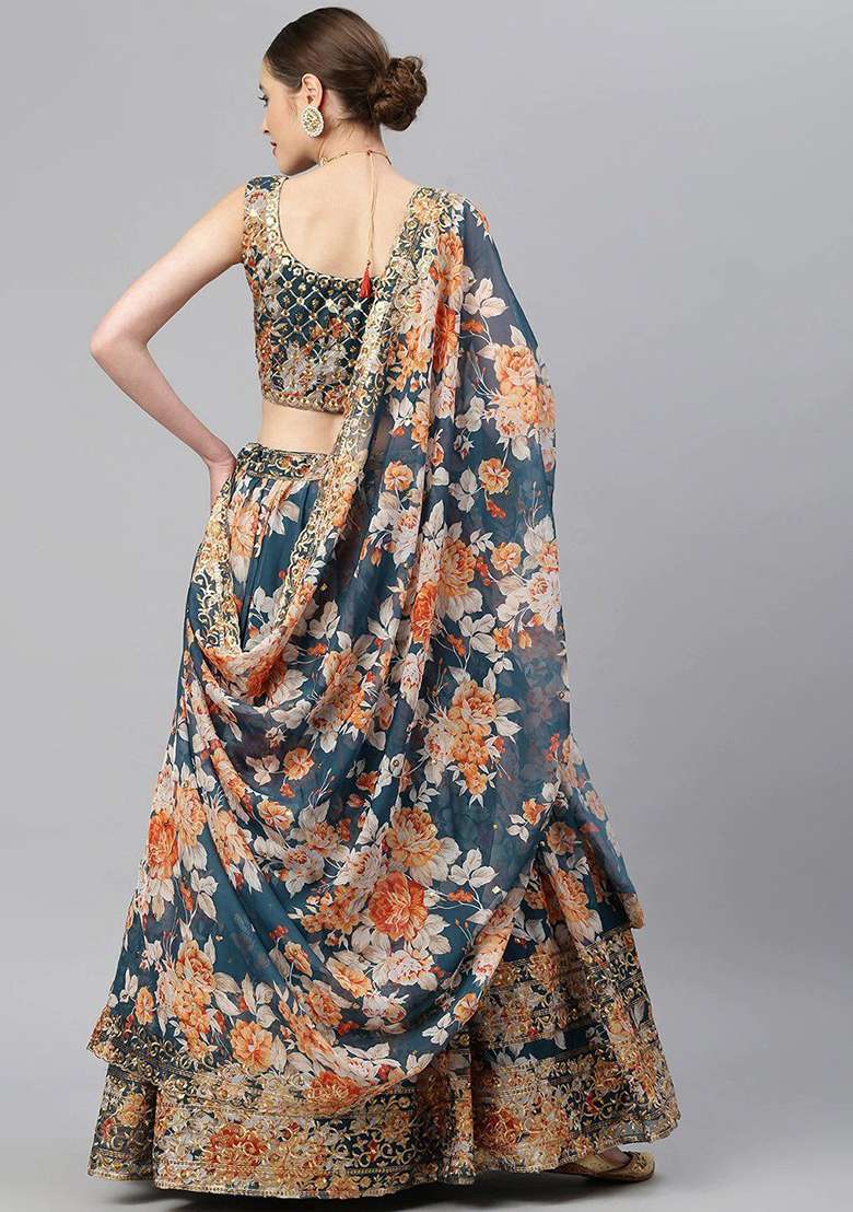 Blue Poly Blend Lehenga Set with Embroidered & Sequin for Diwali | Wedding & Festive Wear - Indya