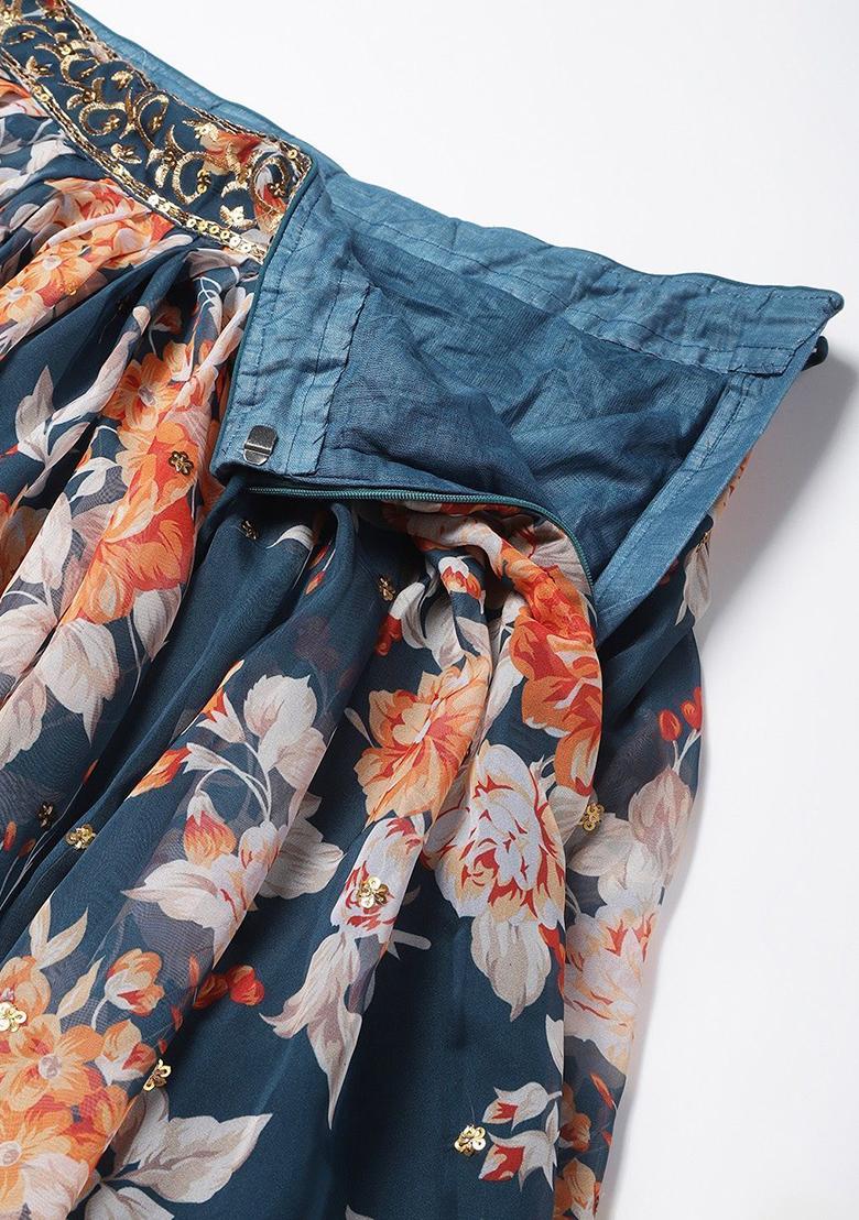 Blue Sequin Embroidered Poly Blend Lehenga Set