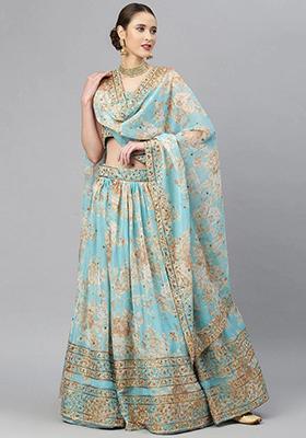 Sky Blue Sequin Embroidered Poly Blend Lehenga Set
