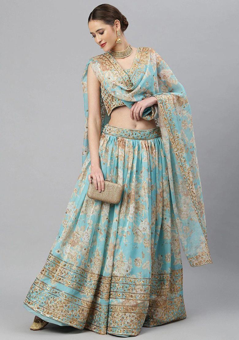 Sky Blue Sequin Embroidered Poly Blend Lehenga Set