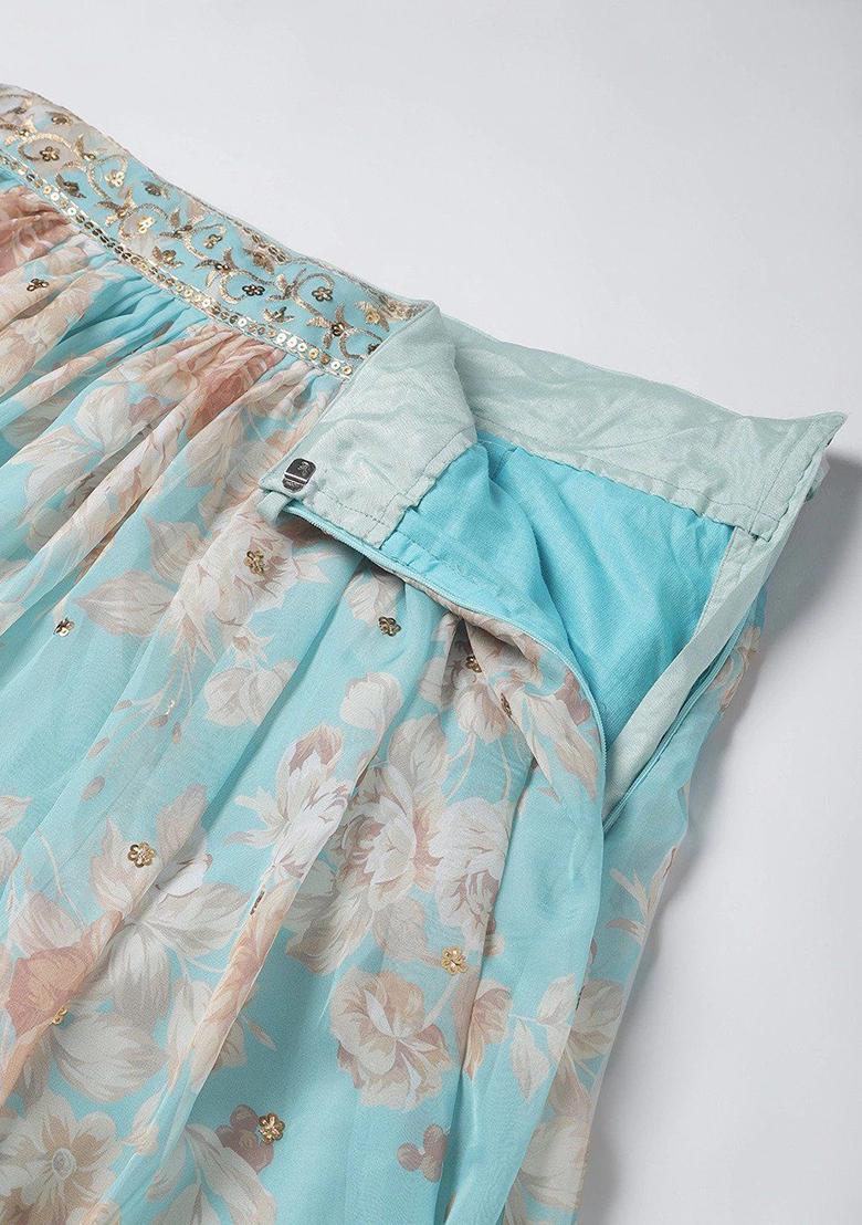 Sky Blue Sequin Embroidered Poly Blend Lehenga Set