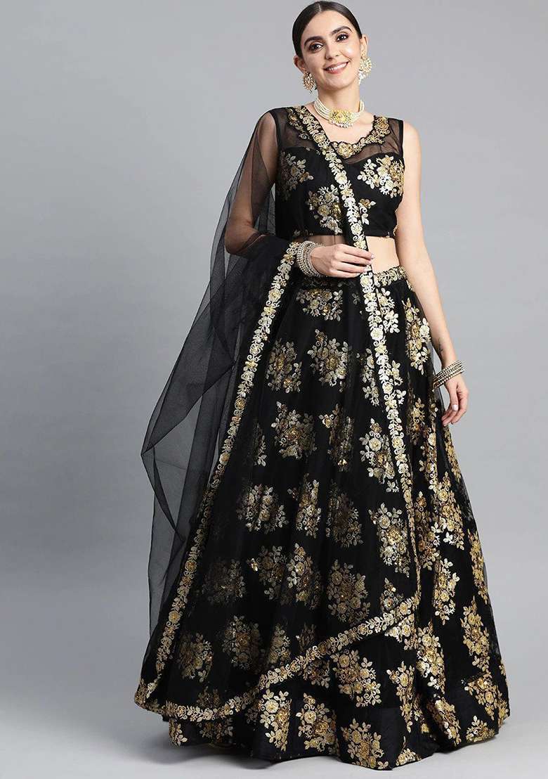 Black Sequin Embroidered Poly Blend Lehenga Set for Diwali and Festive Wear - Indya