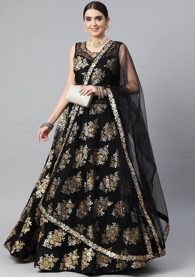 Black Sequin Embroidered Poly Blend Lehenga Set