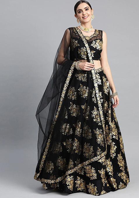 Black Sequin Embroidered Poly Blend Lehenga Set