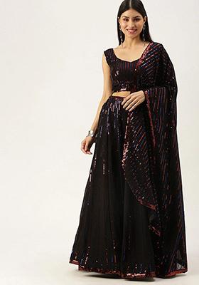 Black Sequin Embroidered Poly Blend Lehenga Set