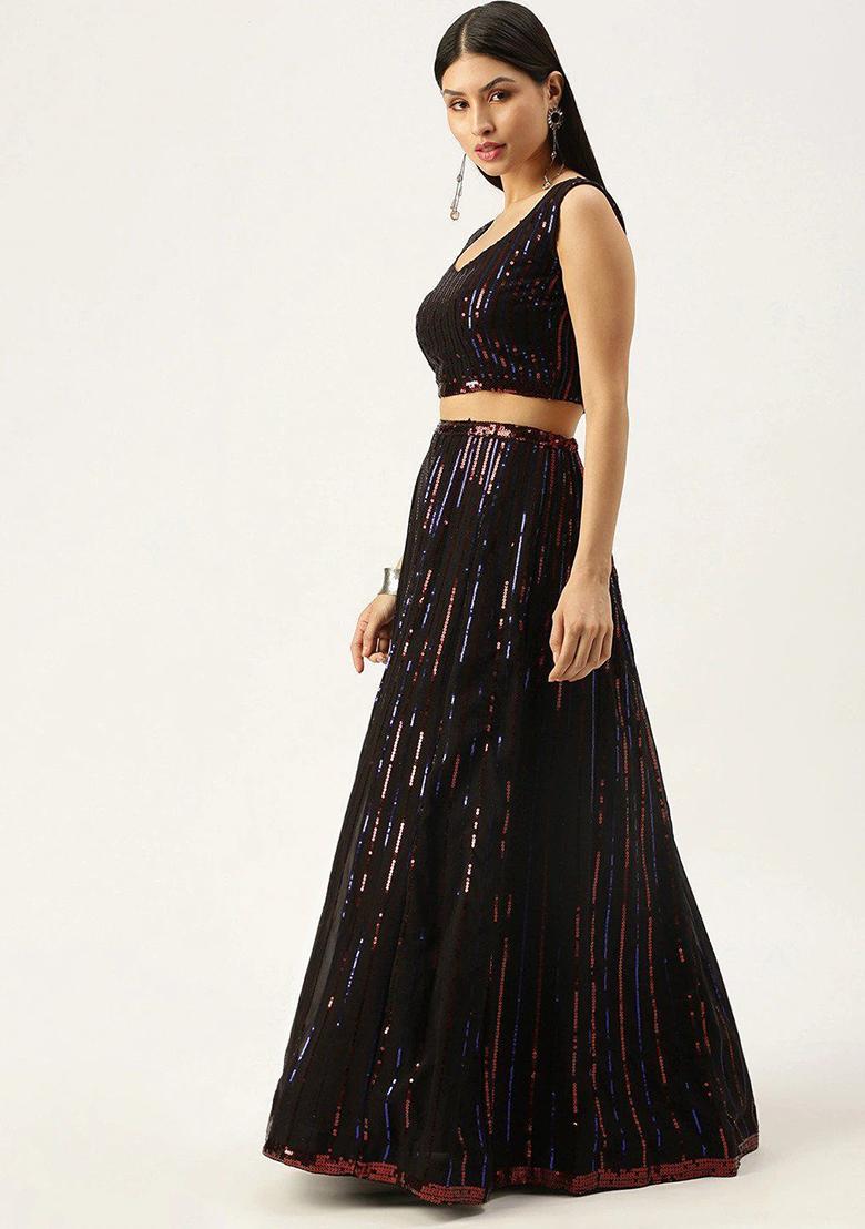 Black Sequin Embroidered Poly Blend Lehenga Set