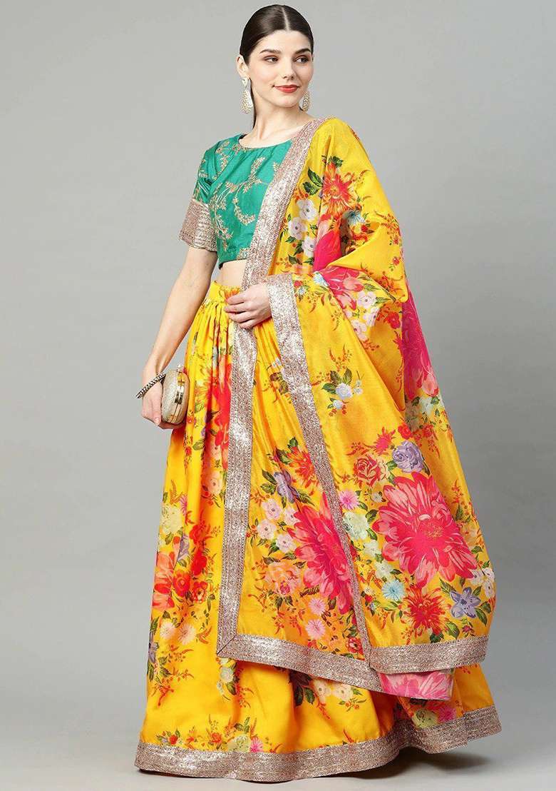 Yellow Embroidered Poly Blend Lehenga Set for Diwali and Festive Wear - Indya