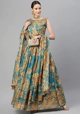 Blue Sequin Embroidered Poly Blend Lehenga Set