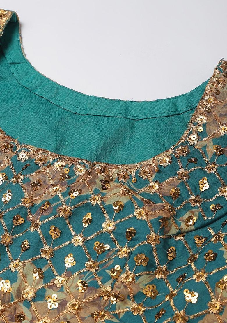 Blue Sequin Embroidered Poly Blend Lehenga Set