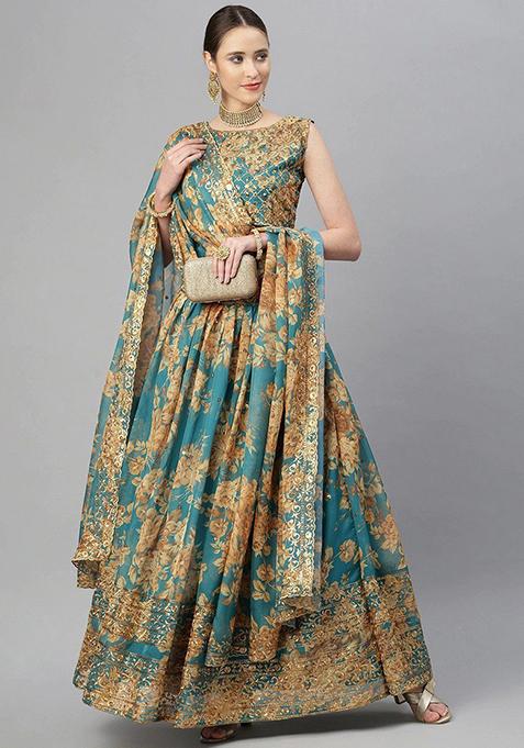 Blue Sequin Embroidered Poly Blend Lehenga Set