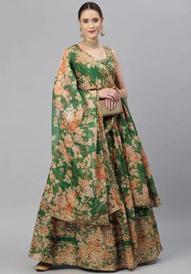 Green Sequin Embroidered Poly Blend Lehenga Set